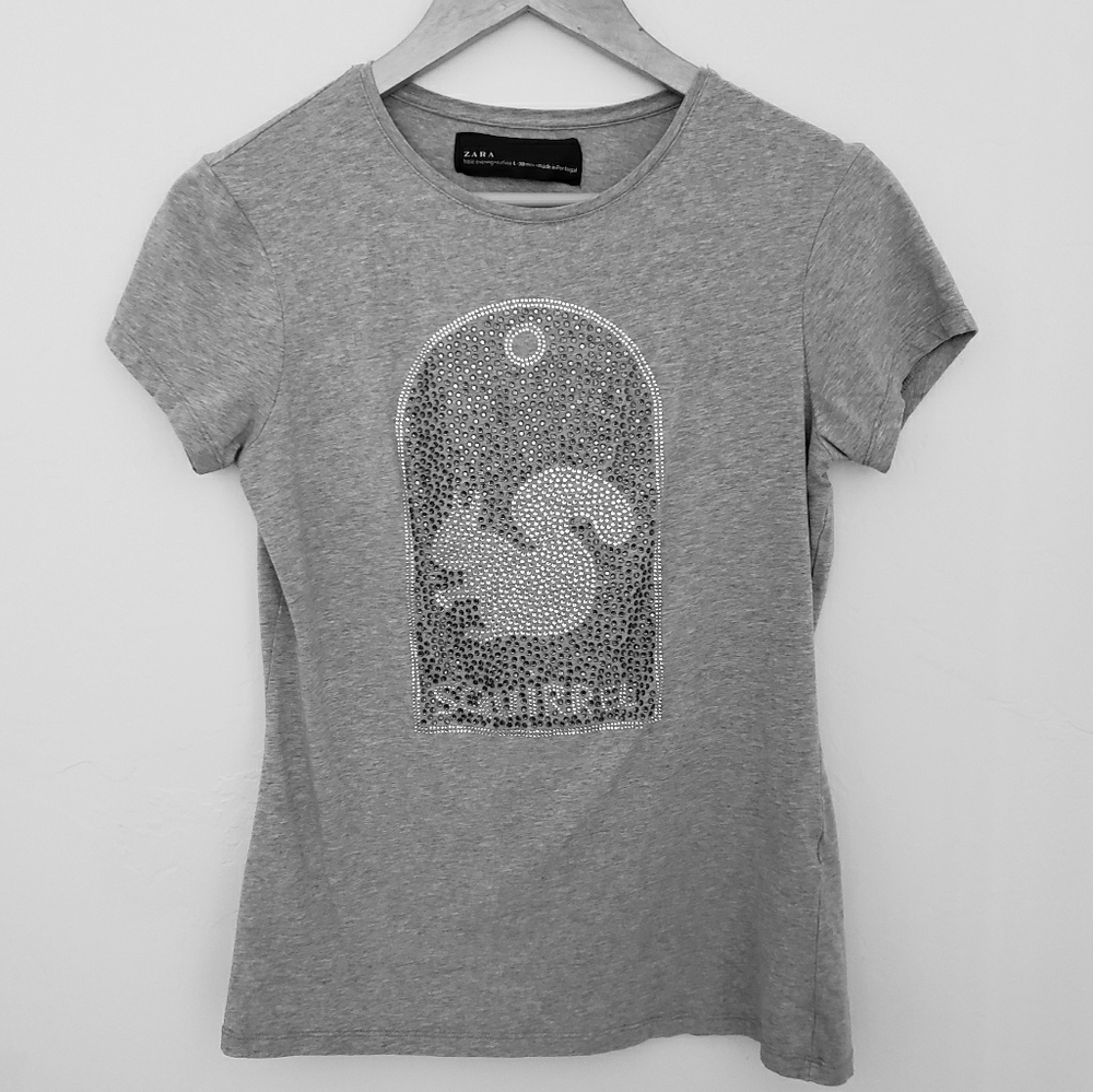 ZARA grey woman's Rhinestone Squirrel Tee shirt